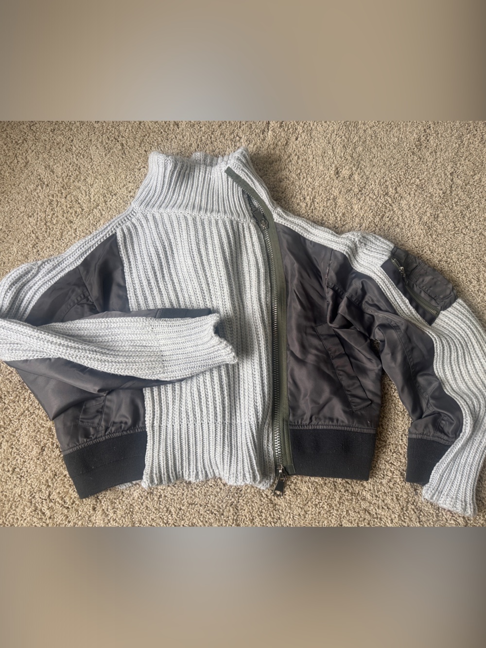 Dear John Two-Tone Knit Cowl Turtleneck Sweater Jacket - Light Gray & Black
